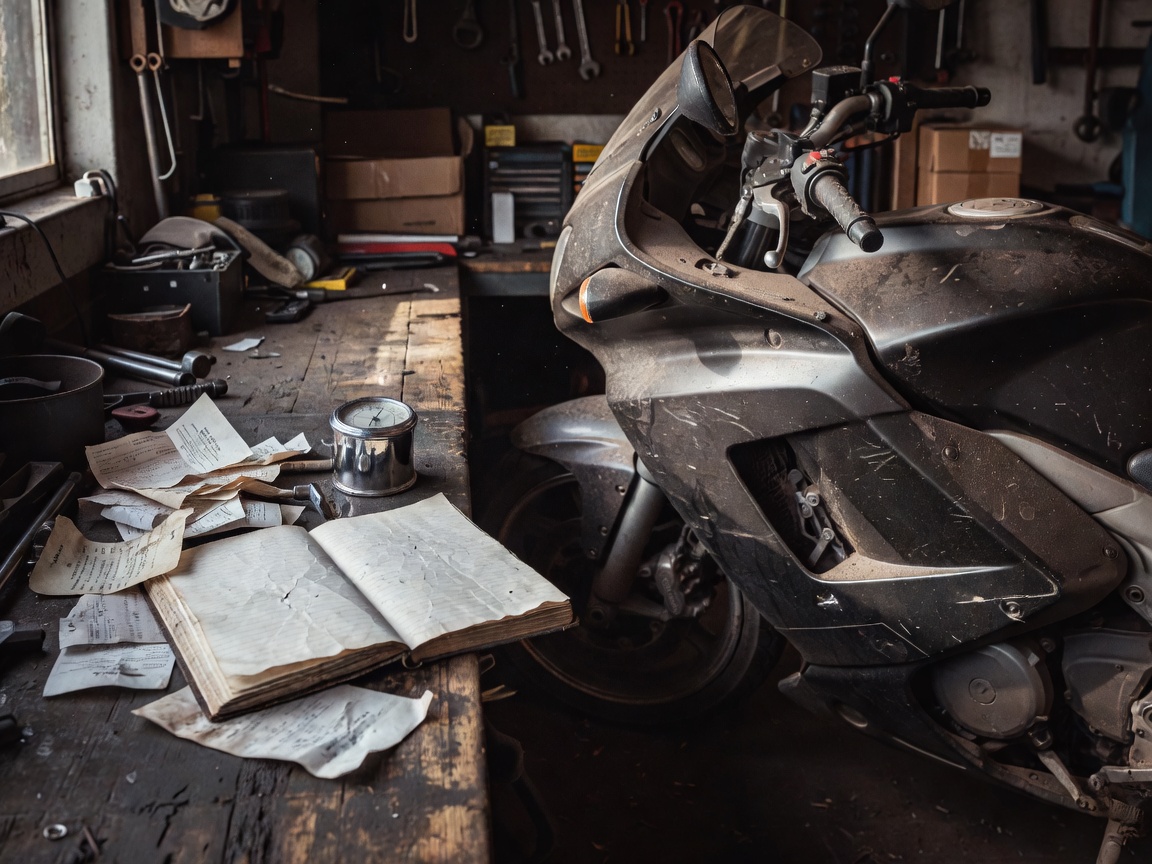 Rider's route notebook, fuel receipts and a tyre gauge on a workbench beside a dusty touring motorcycle