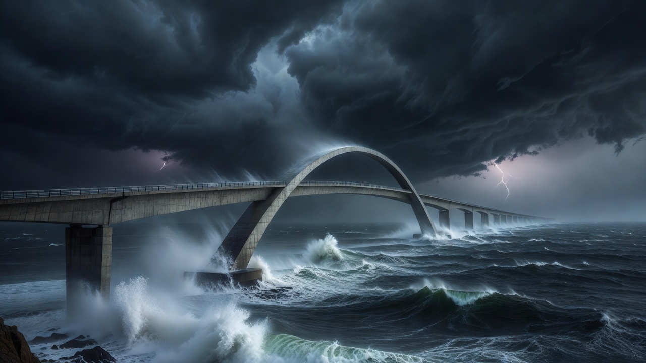 Curved Storseisundet bridge on Norway's Atlantic Ocean Road under storm clouds with spray rising from the sea