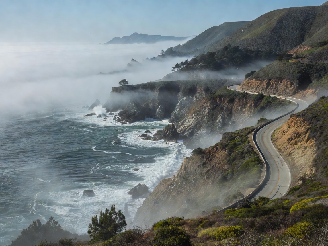California Highway 1 at Big Sur clinging to a steep slope above the Pacific with marine fog over the water