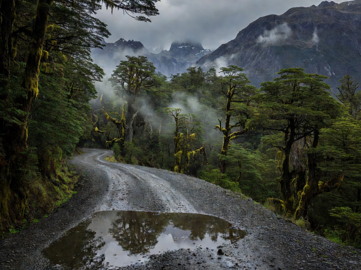 Carretera Austral gravel road through wet Patagonian forest with mist on the mountains and puddles on the surface