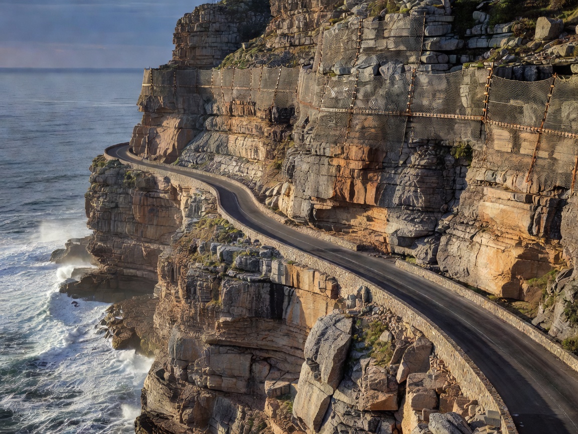 Chapman's Peak Drive cut into a sheer cliff above the Atlantic near Cape Town with rock netting overhead