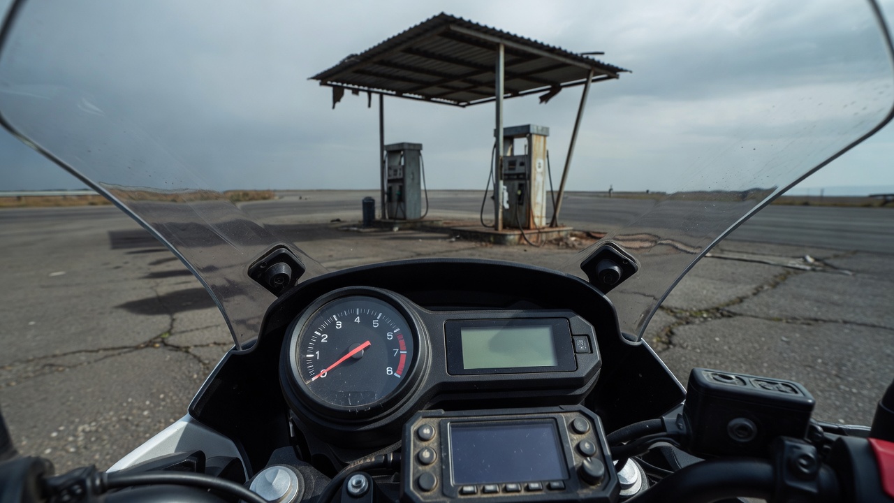 Motorcycle dashboard showing fuel gauge and trip meter with a closed roadside fuel station visible beyond the windscreen