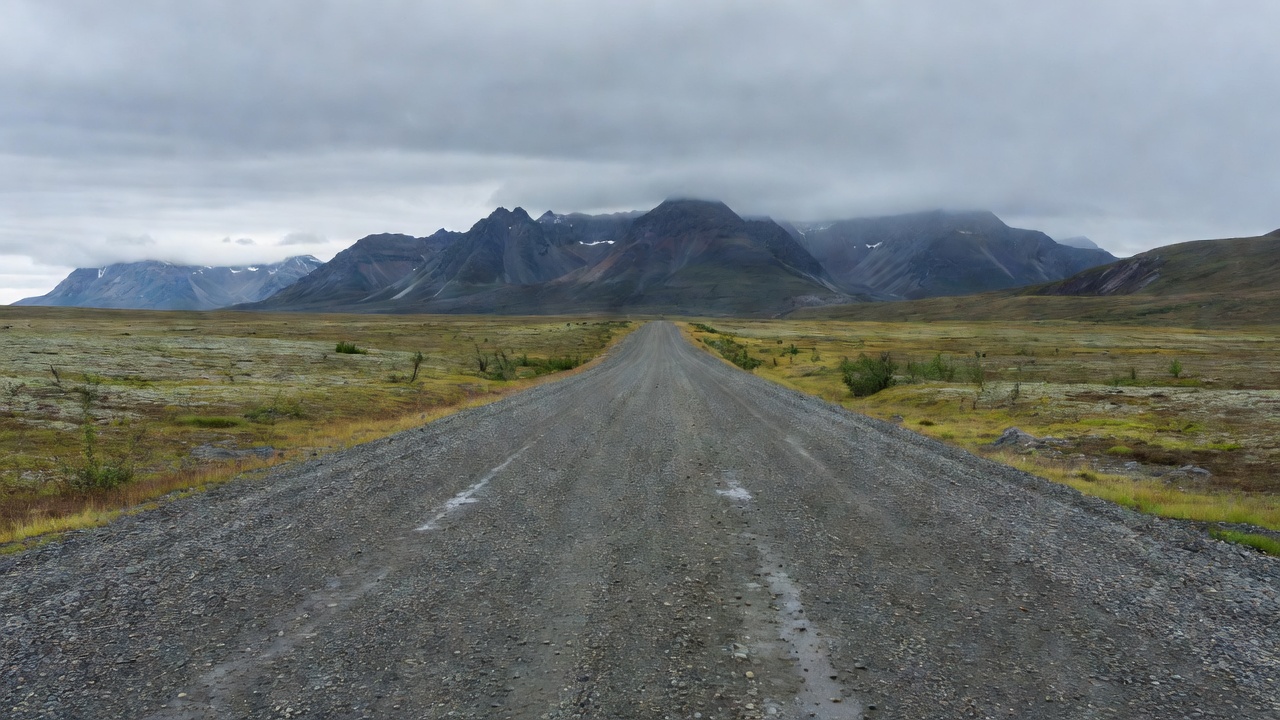 Dalton Highway gravel surface stretching across open tundra toward the Brooks Range under a heavy grey sky