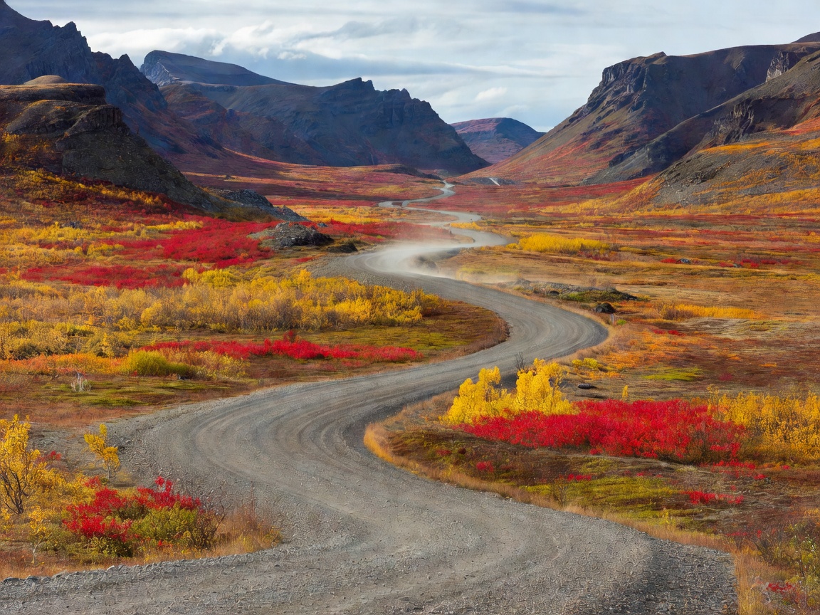Dempster Highway gravel winding through Tombstone Territorial Park with dark ridges and autumn tundra