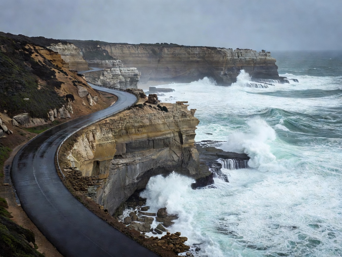 Great Ocean Road bending along limestone cliffs in Victoria with surf breaking below and a wet road surface