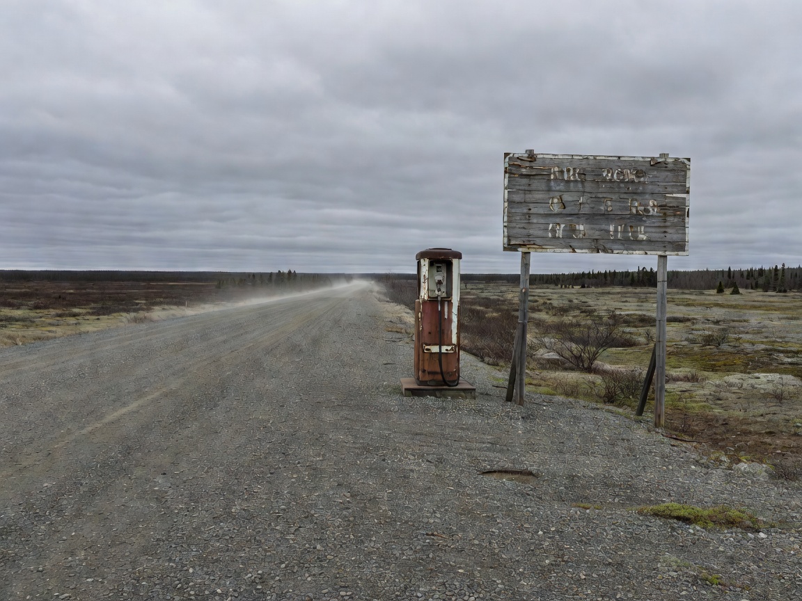 Isolated fuel stop with a single pump and a weathered sign beside a gravel highway in the far north