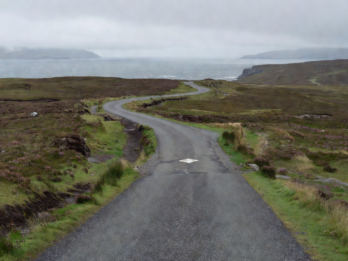 Single-track road on Scotland's North Coast 500 with a marked passing place and grey sea under low cloud