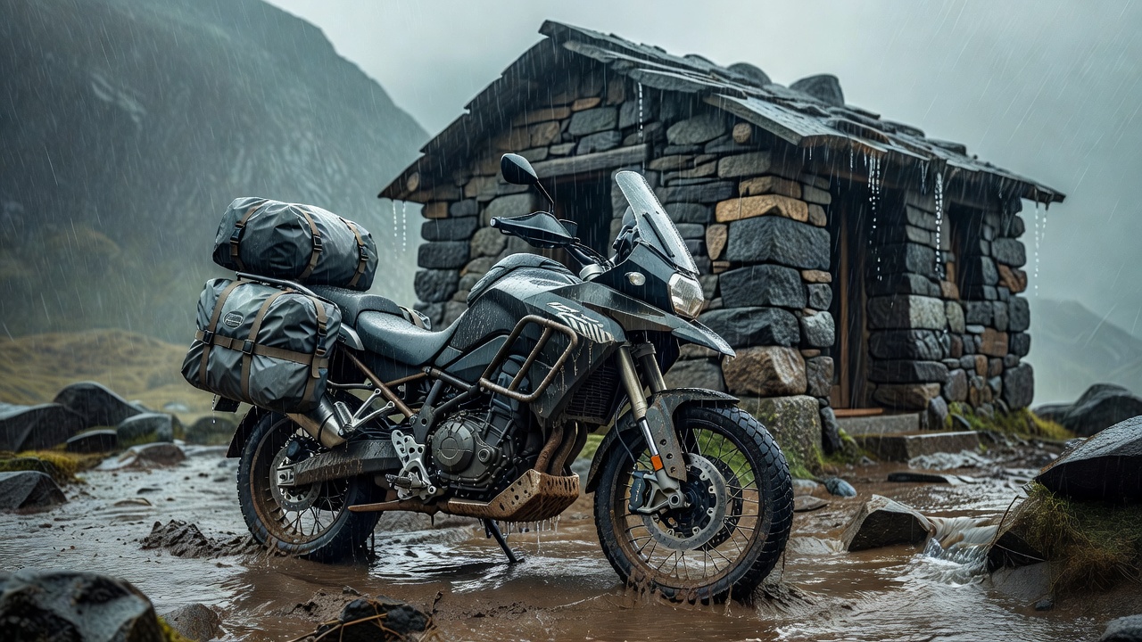 Packed touring motorcycle with panniers and a dry bag parked in heavy rain outside a stone mountain hut