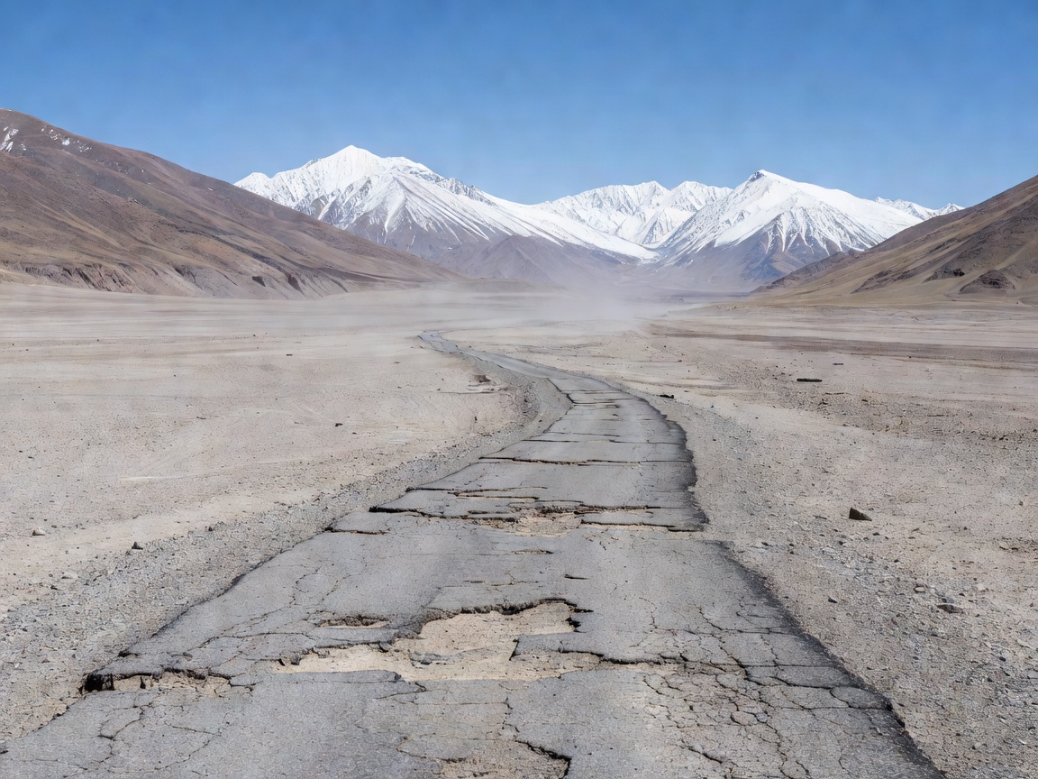 Pamir Highway crossing a barren high-altitude desert valley with broken tarmac and snow peaks behind