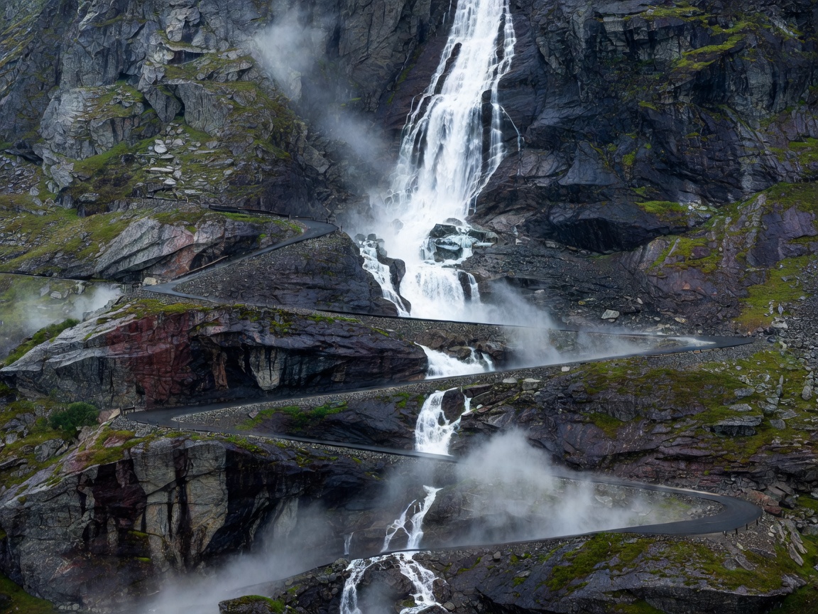 Trollstigen hairpins cut into a wet rock wall with a waterfall beside the road in Norway